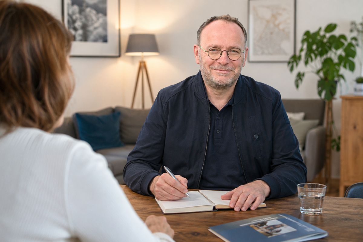 Conseiller immobilier échangeant avec des propriétaires au sujet de leur projet de vente dans le Cotentin.