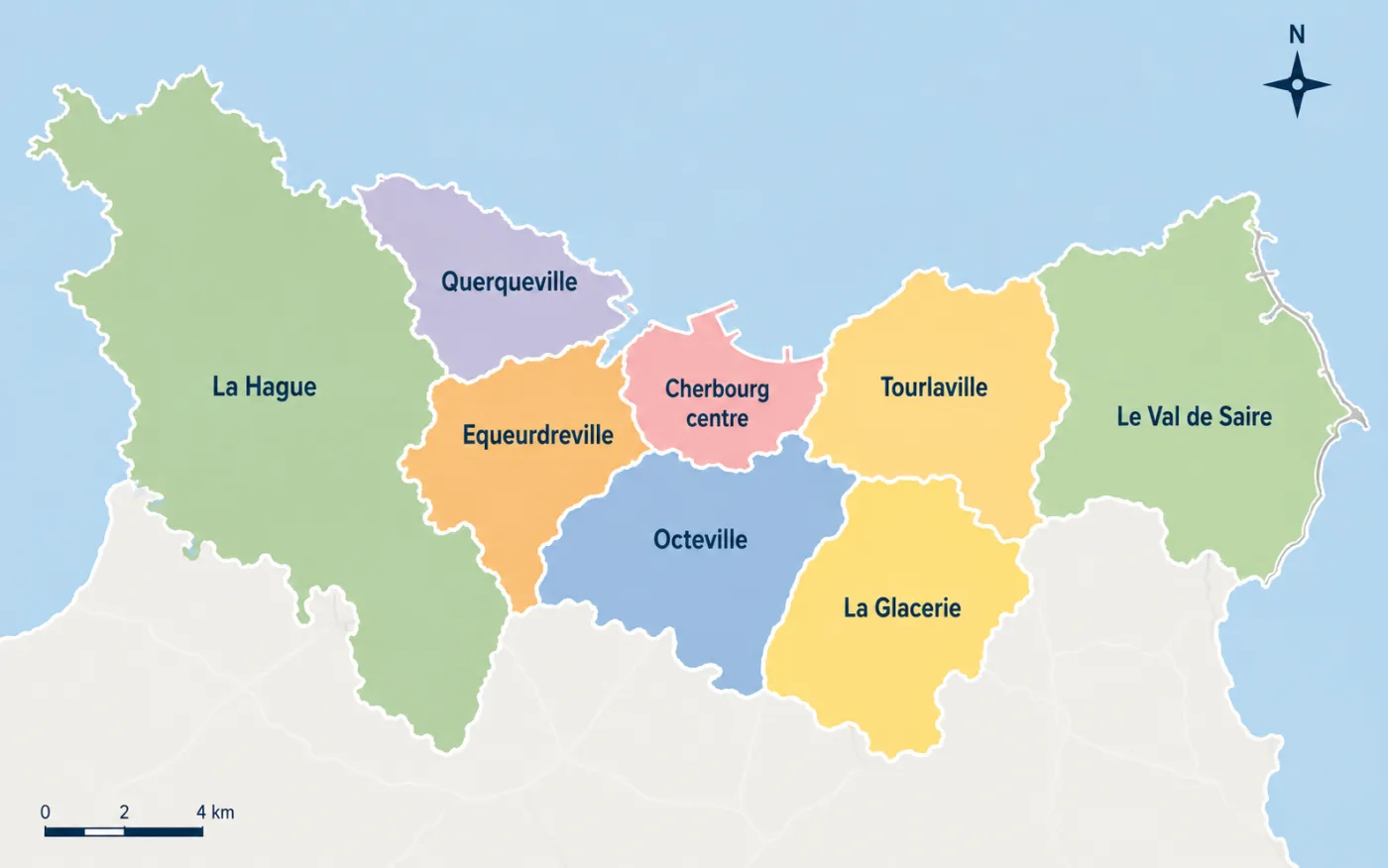 Carte des principaux secteurs où acheter une maison familiale autour de Cherbourg