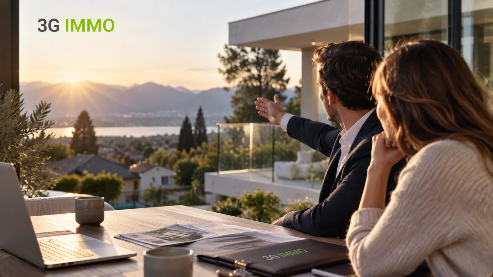 Mandataire immobilier 3G IMMO échangeant avec des clients devant une maison