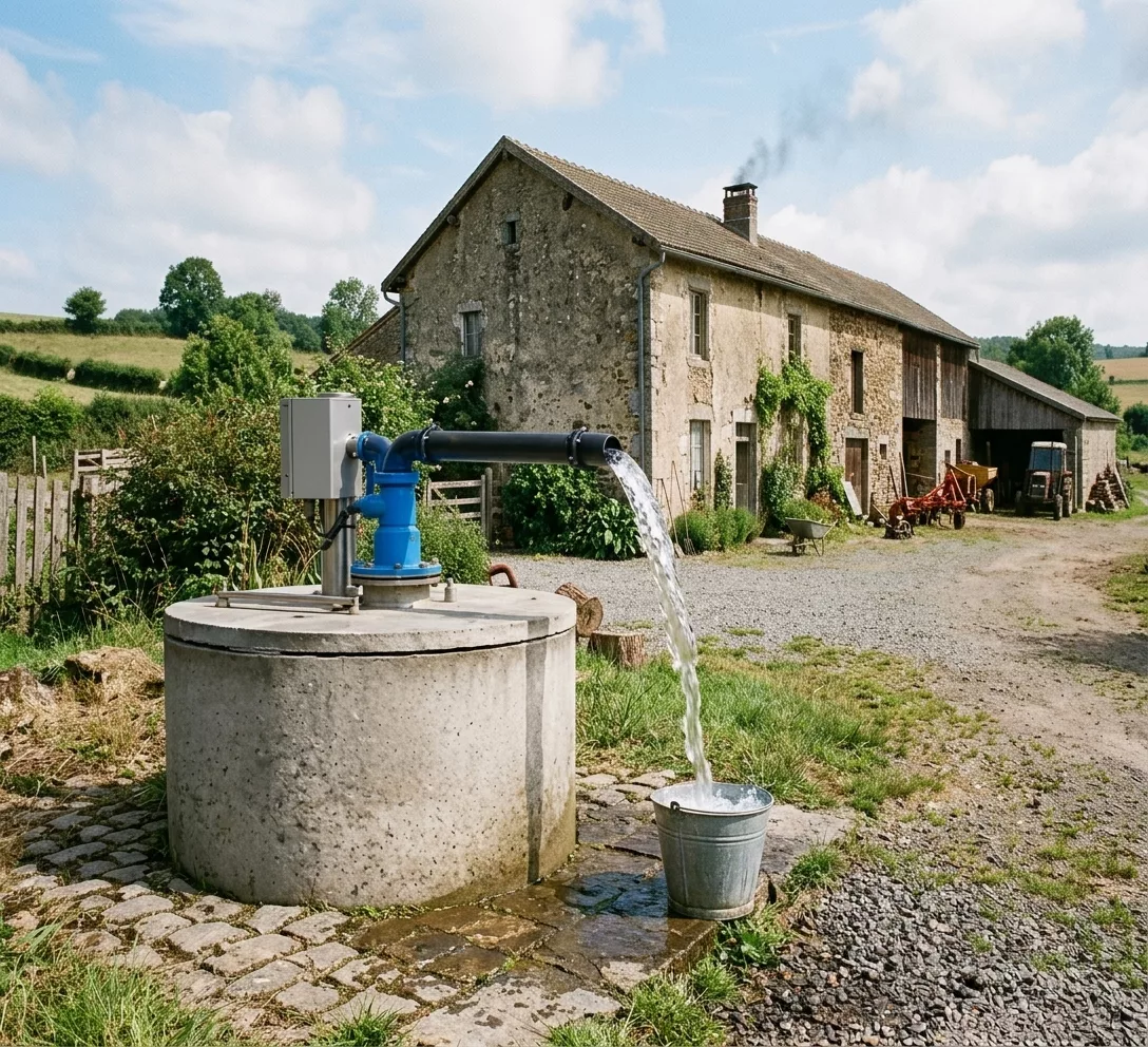 Forage artésien avec regard de protection et tuyauterie de sortie d’eau