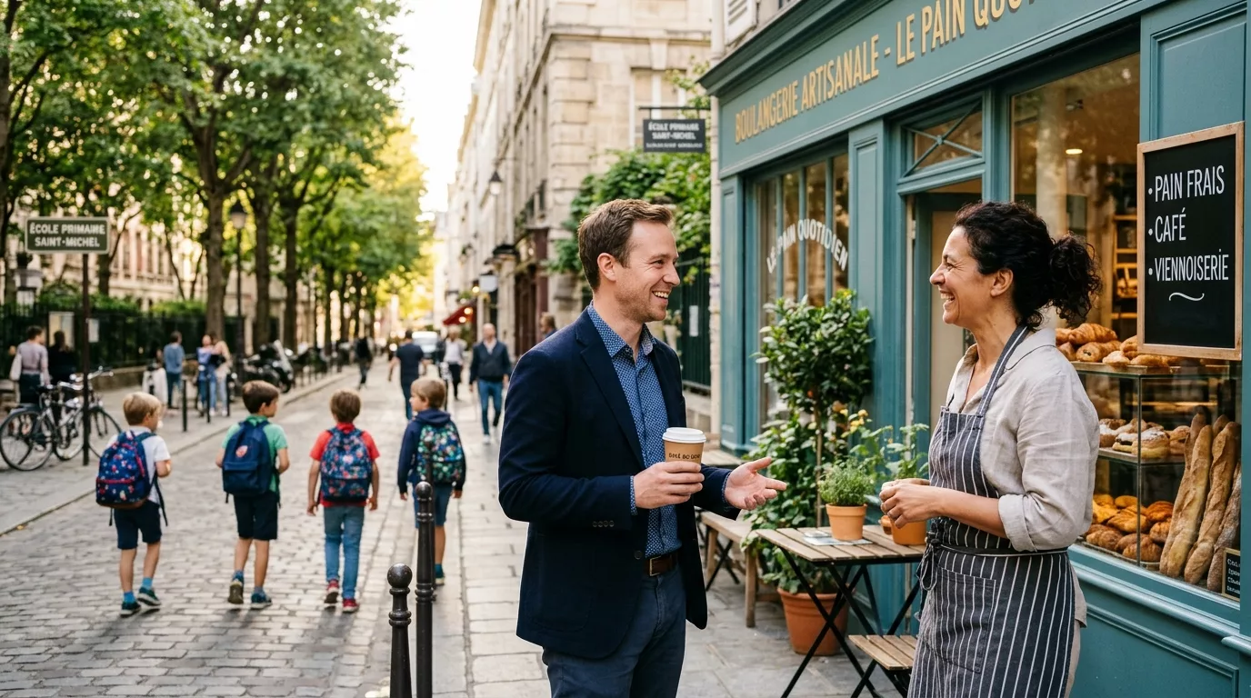 Conseillère immobilière interviewant un commerçant devant sa boutique dans un quartier de centre-ville