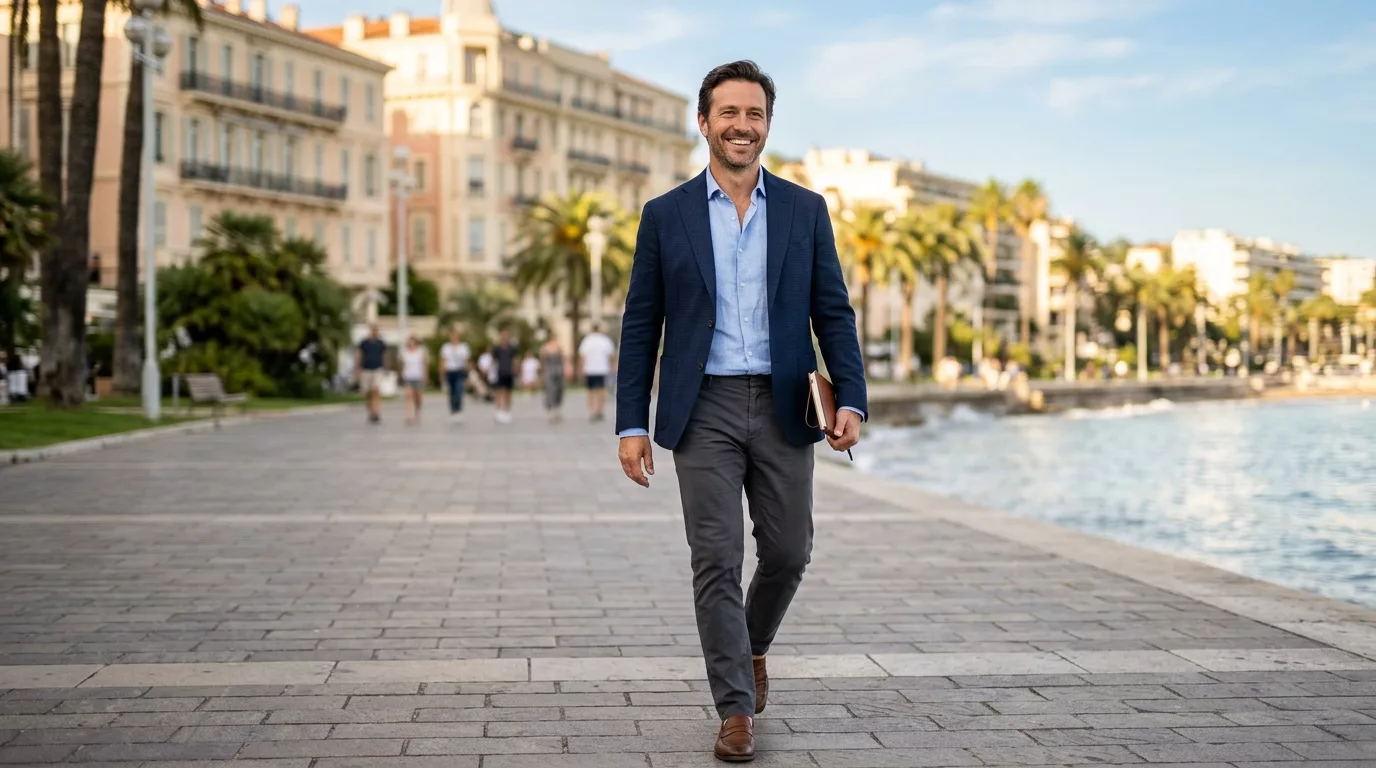 Professionnelle en reconversion échangeant avec un mandataire immobilier lors d'une visite de maison
